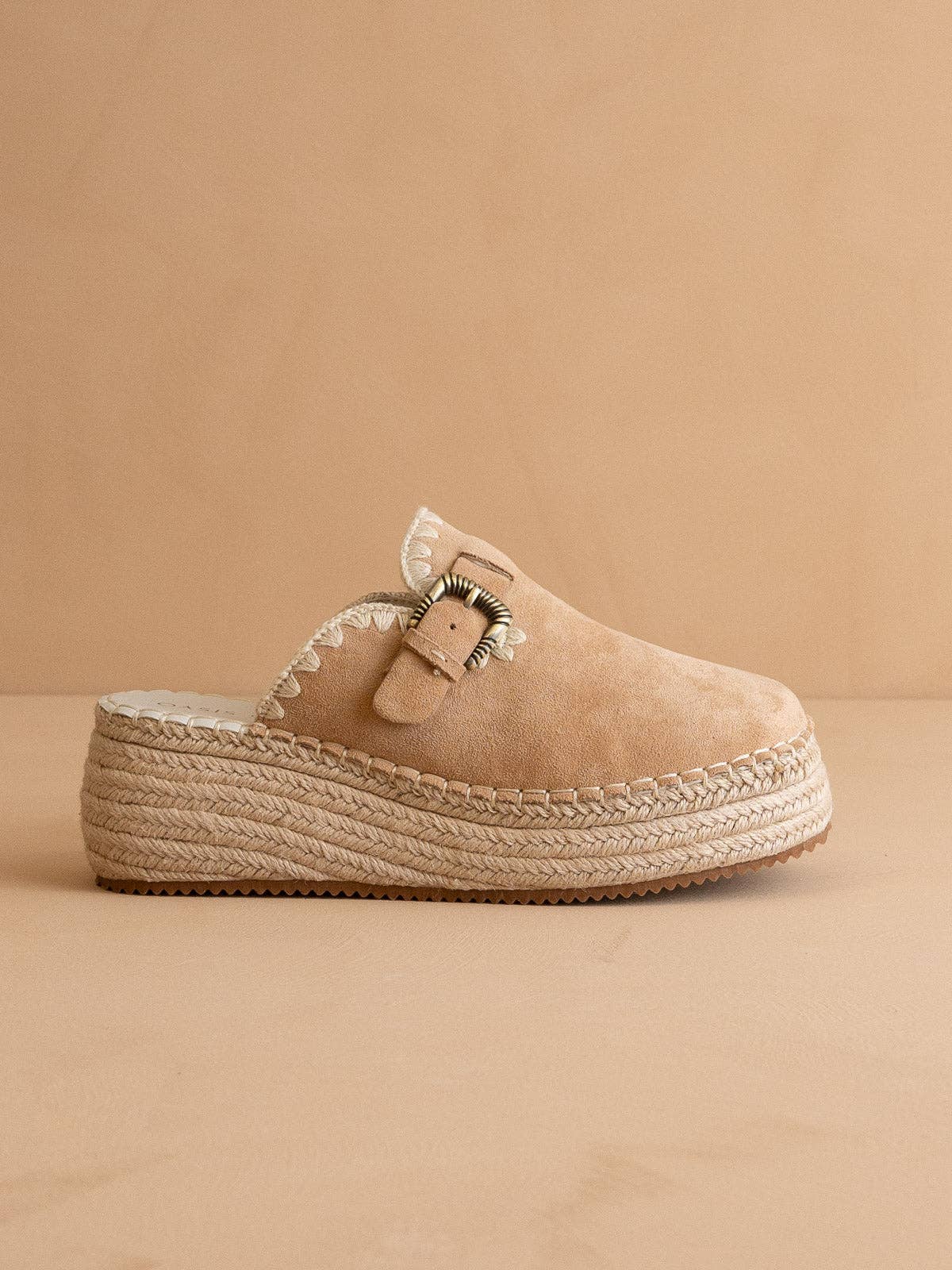 The Edith | Almond Clog Raffia Mule with Western Buckles: ALMOND