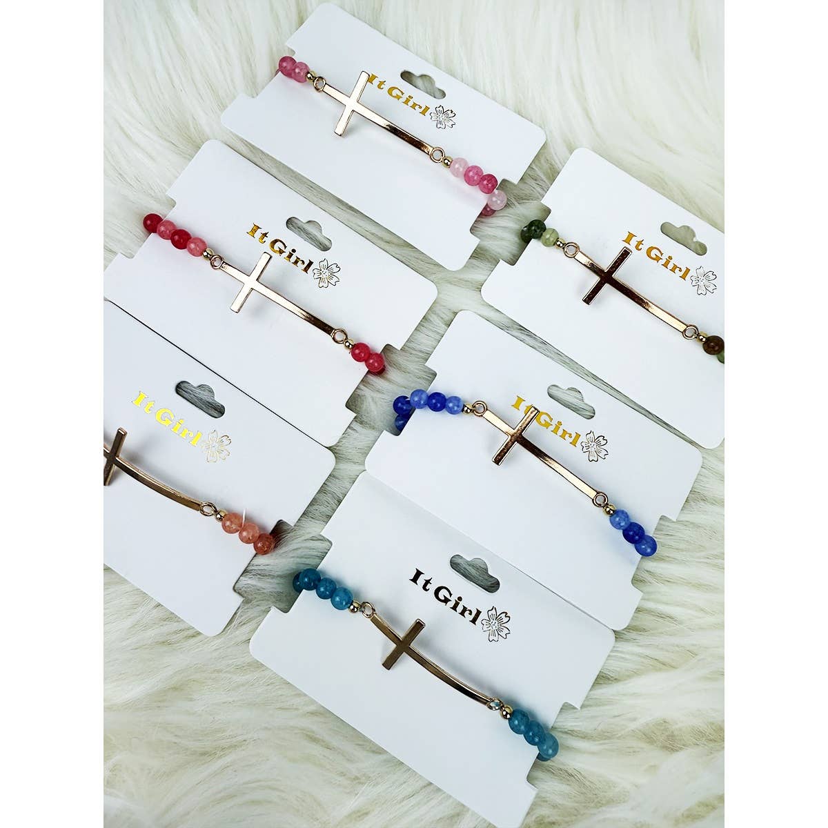 Gold Cross Multi Tone Beaded Stretch Bracelet: MIX COLOR / ONE(12)