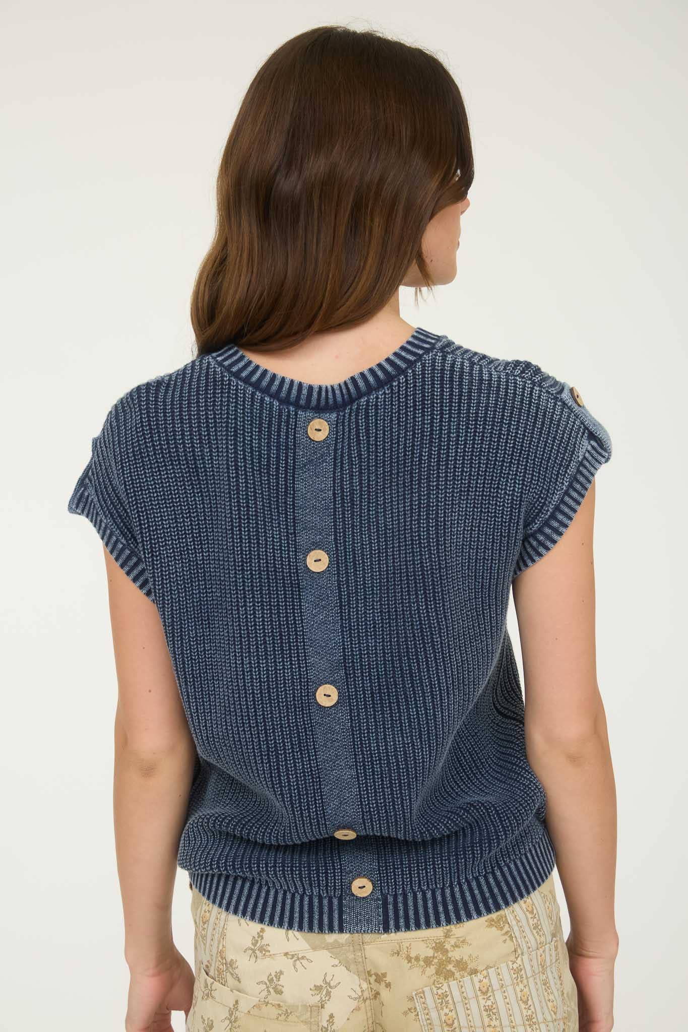 KNIT TAB SLEEVE PULLOVER SWEATER: NAVY