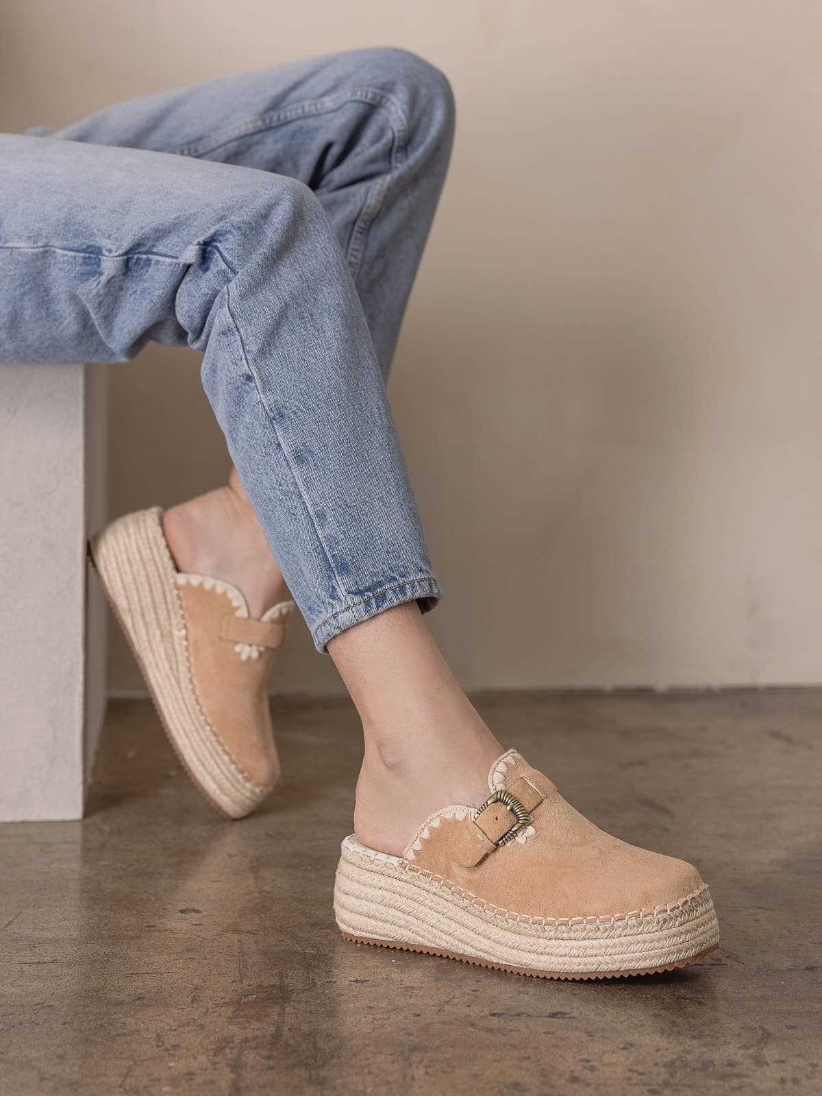The Edith | Almond Clog Raffia Mule with Western Buckles: ALMOND