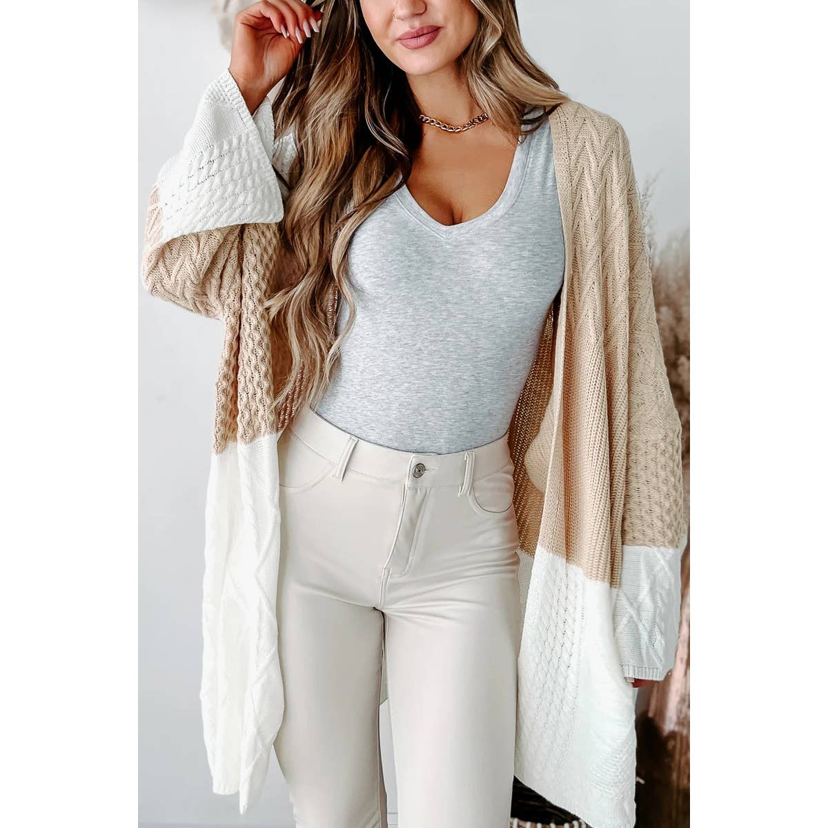 Color Block Knit Bell Sleeve Loose Cardigan