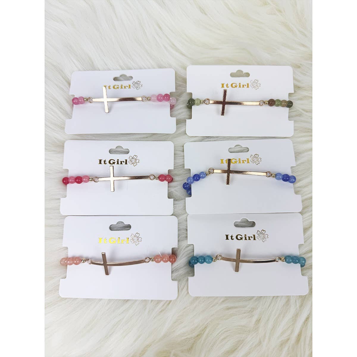 Gold Cross Multi Tone Beaded Stretch Bracelet: MIX COLOR / ONE(12)