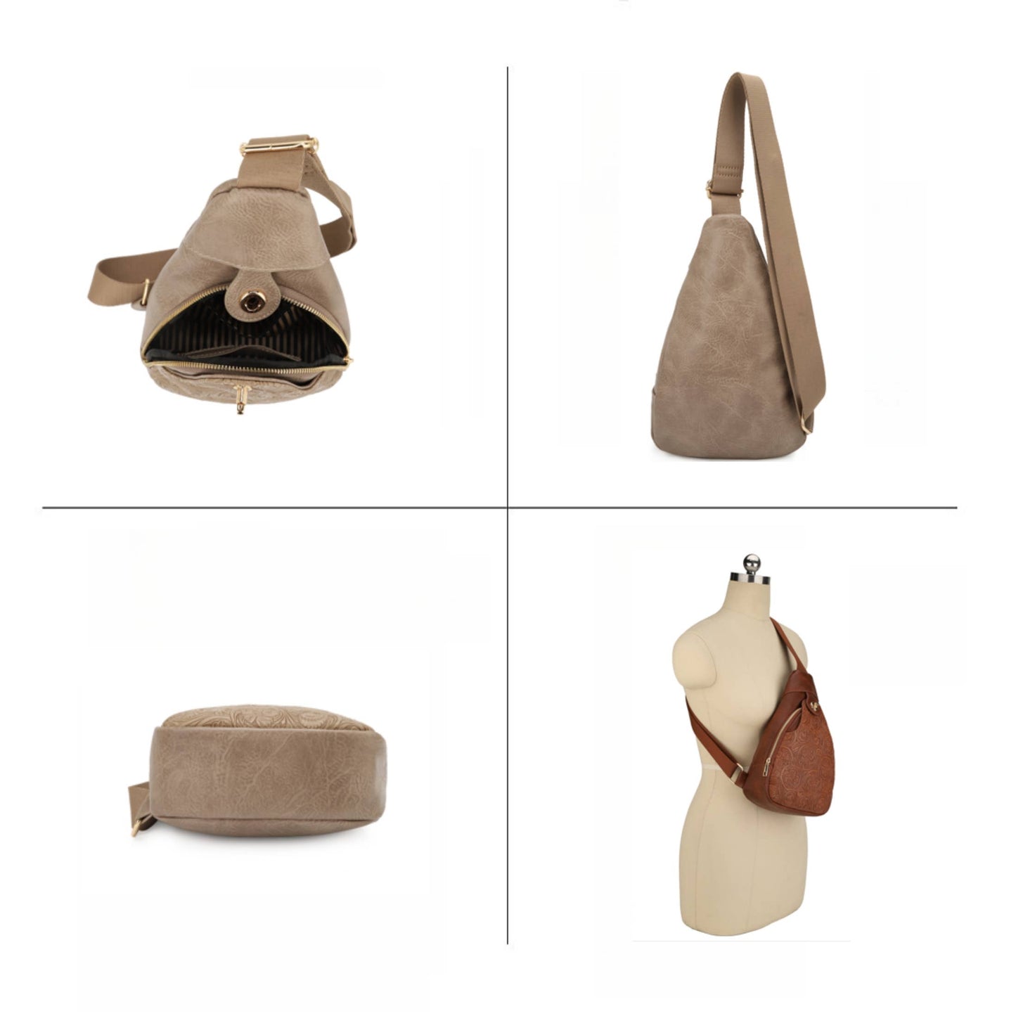 Jacqueline Paisley Tooling Embossed Sling Bag with Turnlock: Light stone