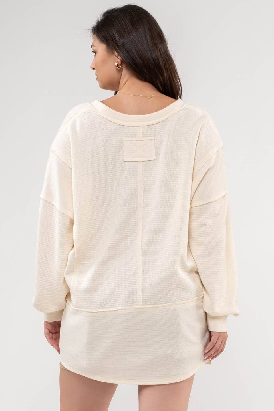 SOLID PATCHWORK SPLIT NECK KNIT TOP