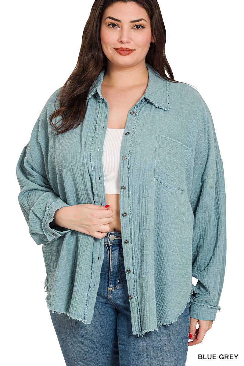 Oversized Raw Edge Shirt: BLUE GREY