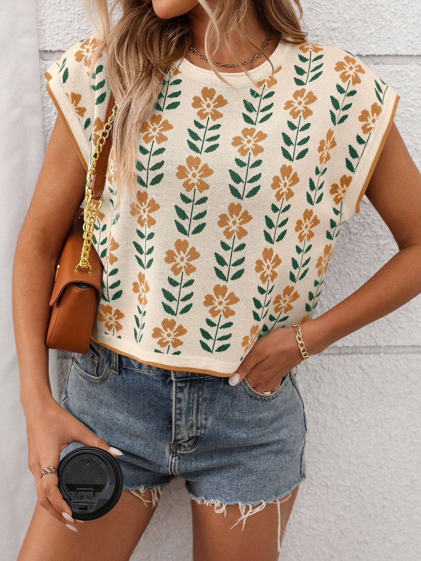 Retro Floral Knit Crop Top Short Sleeve Pullover