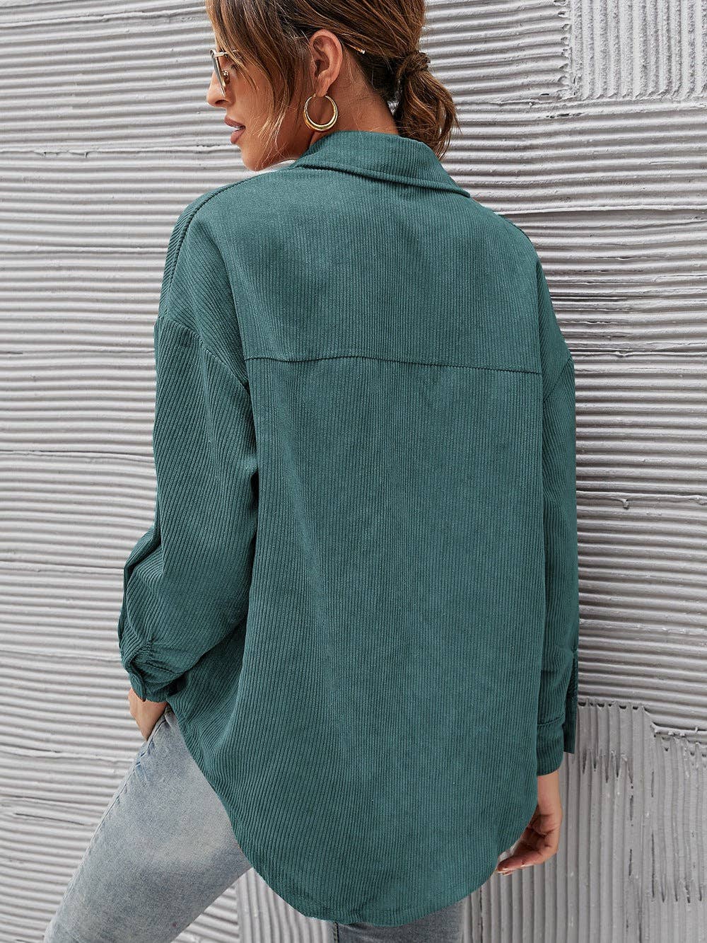 Loose Casual Corduroy Shirt: Green