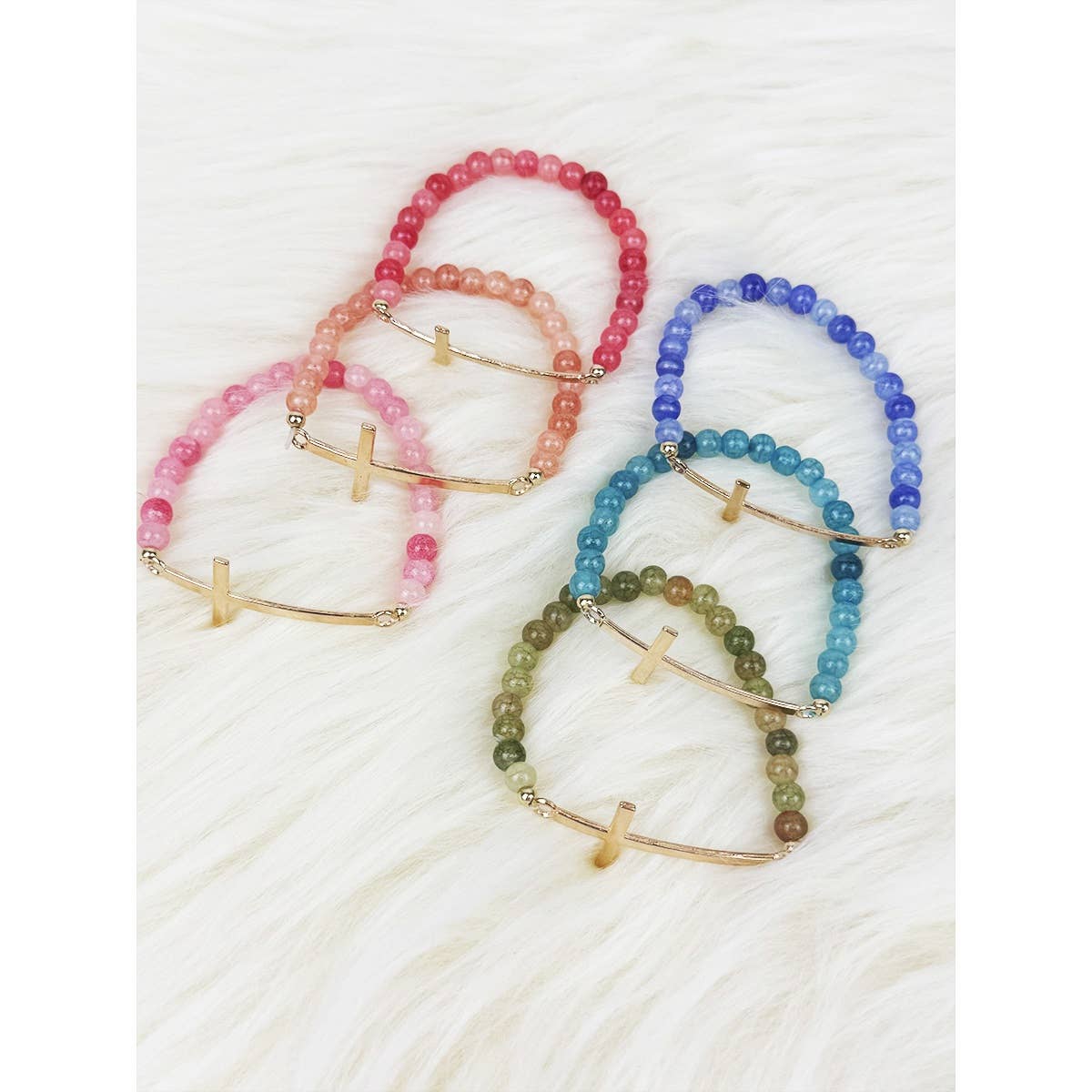 Gold Cross Multi Tone Beaded Stretch Bracelet: MIX COLOR / ONE(12)