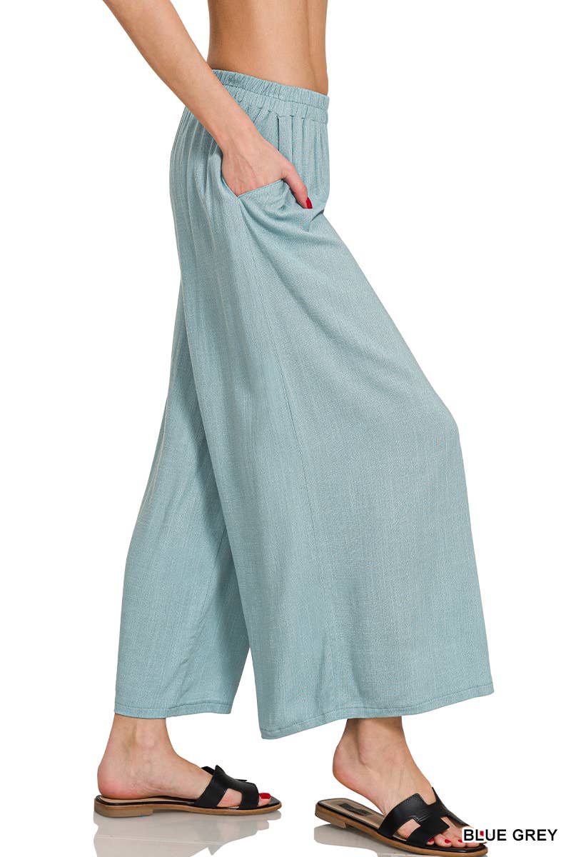 Linen Wide Leg Pants With Pocket: BLUE GREY
