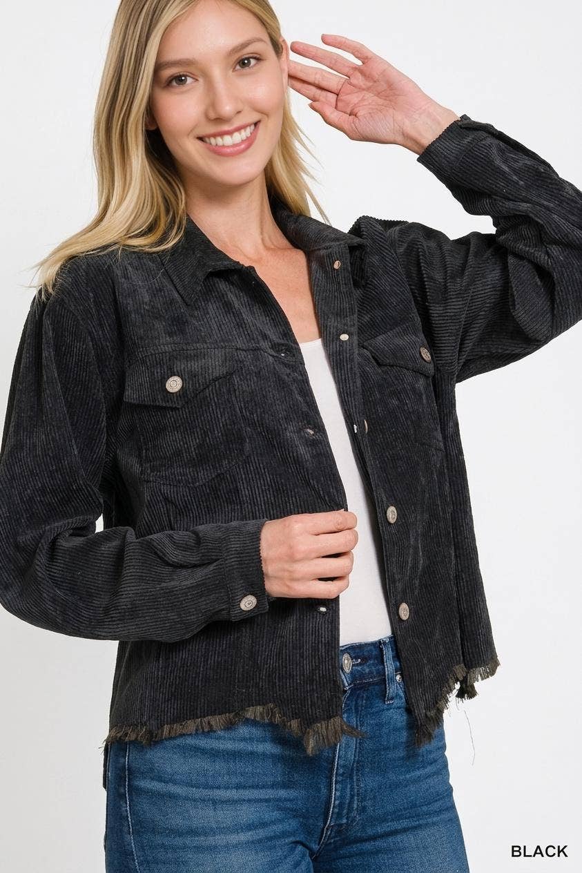 Distressed Corduroy Frayed Hem Cropped Jacket - Zenana: