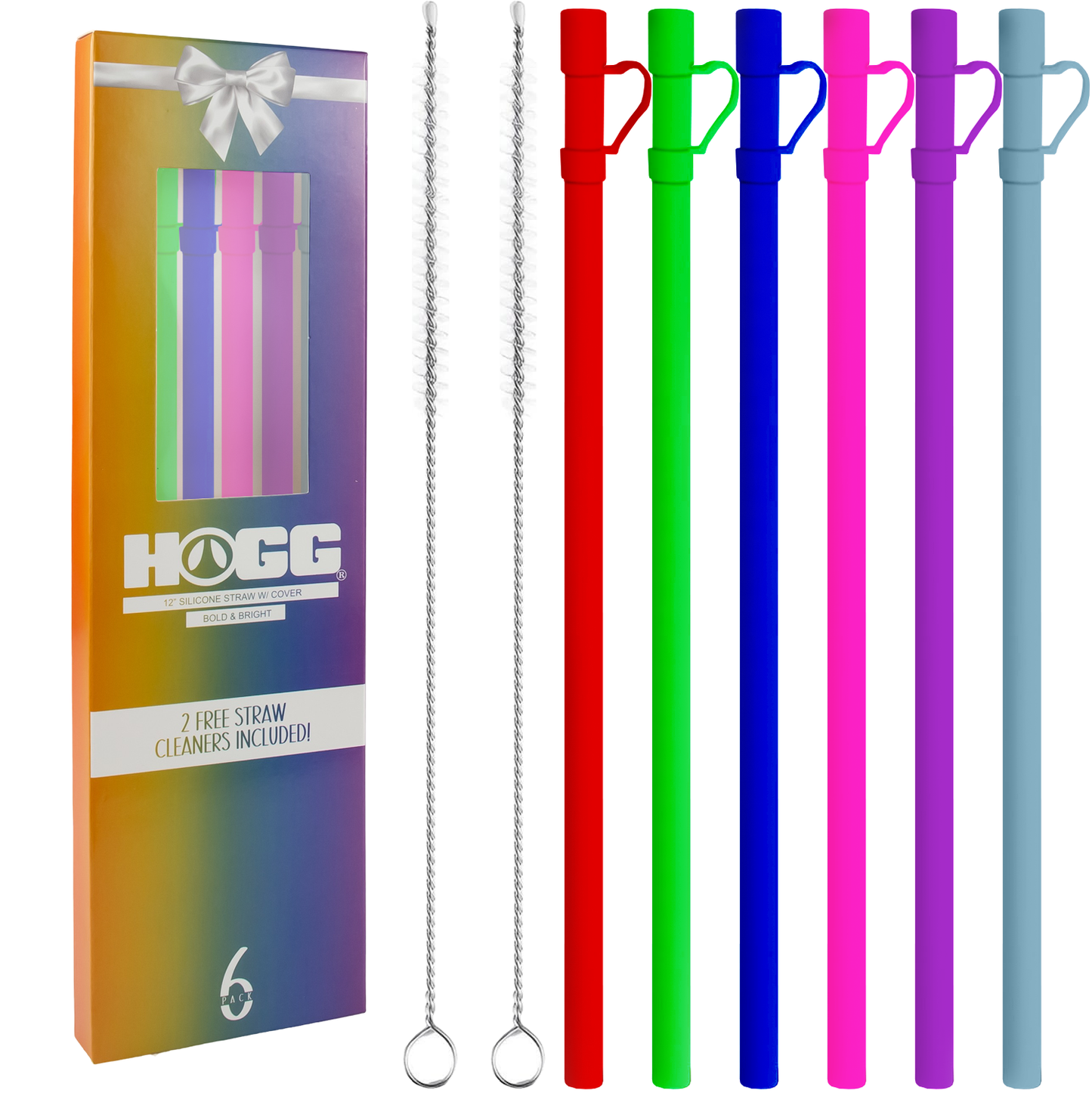 12" SILICONE STRAW W/ COVER & 2 CLEANERS (6 PACK): Bright & Bold