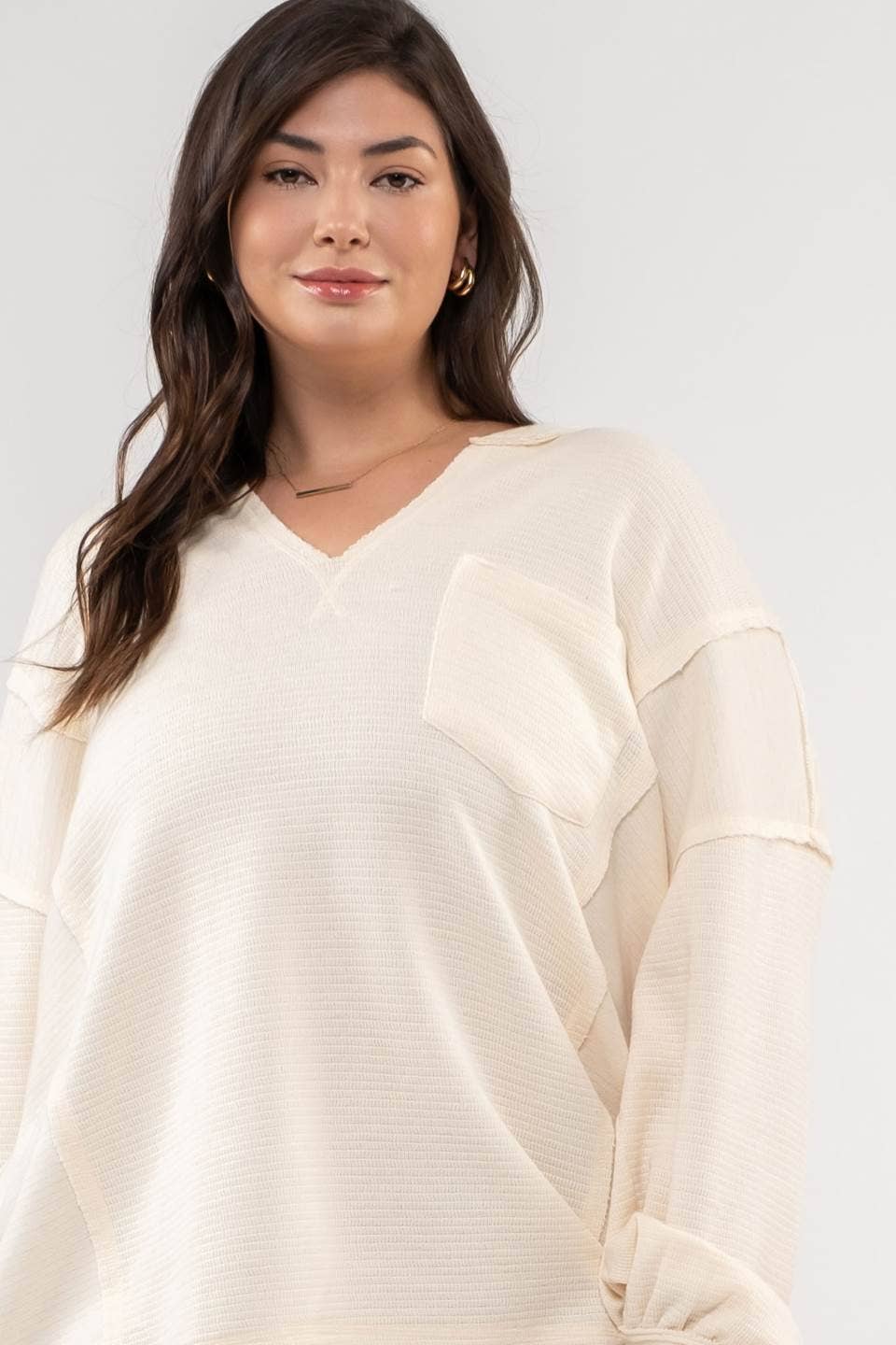 SOLID PATCHWORK SPLIT NECK KNIT TOP