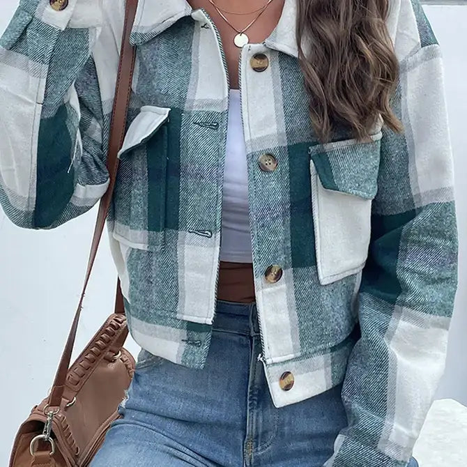 Long Cropped Plaid Jacket With Pockets