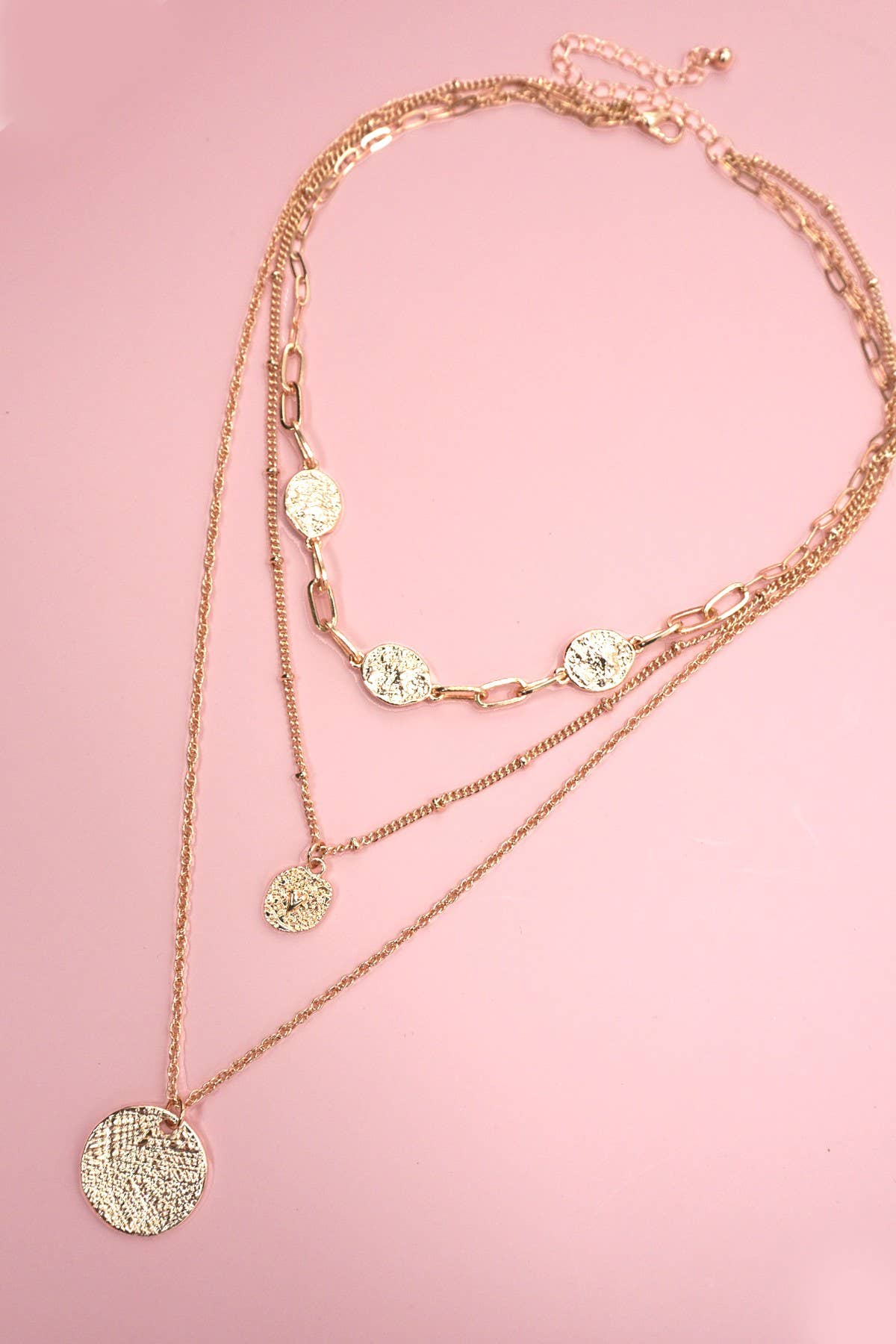 TEXTURED CIRCLE PENDANT MULTI LAYERED NECKLACE | 80N1314: Gold