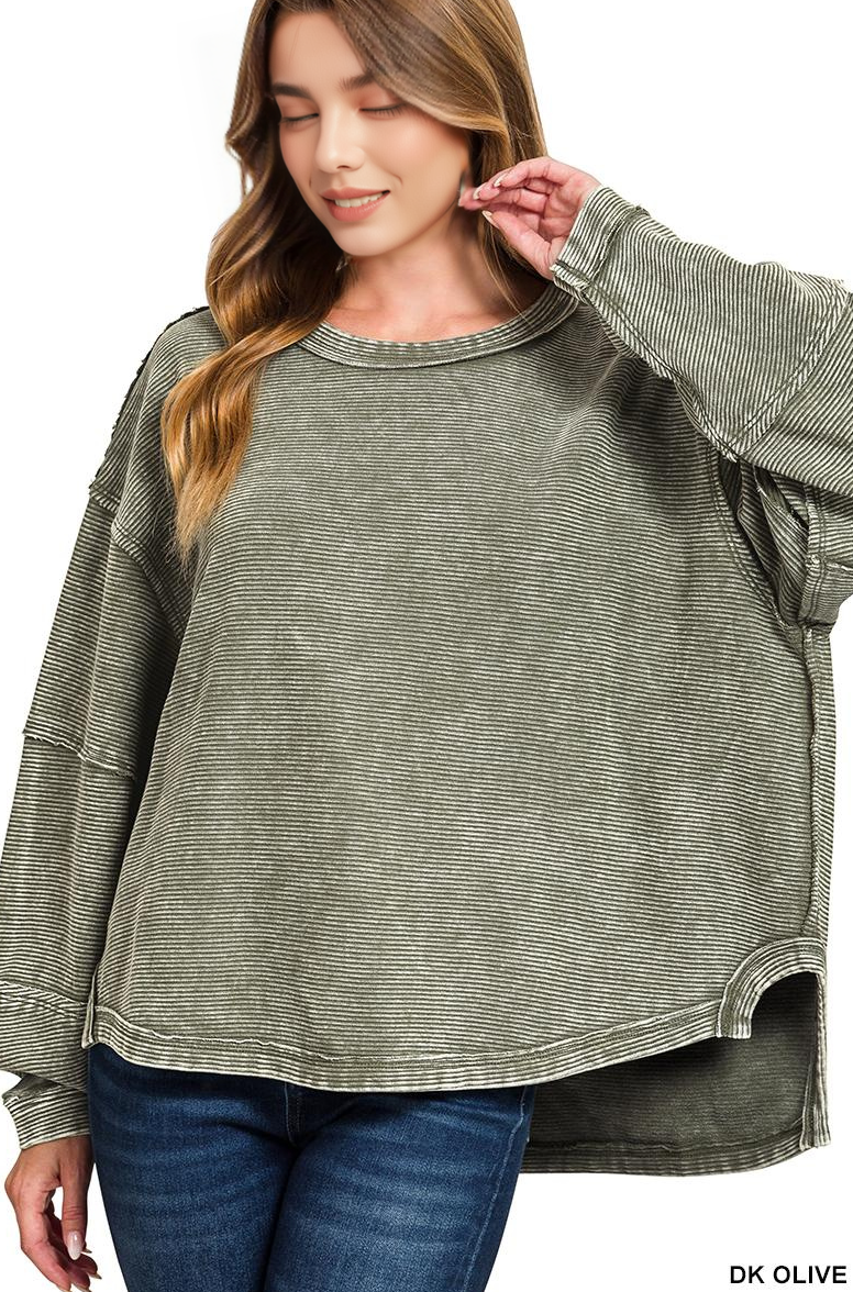 Acid Washed Double Ribbed Exposed Seam Cropped Pullover: Olive