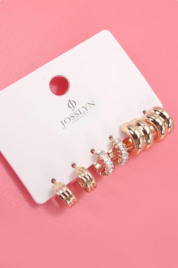 BAGUETTE STONE DOUBLE HOOP HUGGIE TRIO EARRINGS | 80E5317: Gold