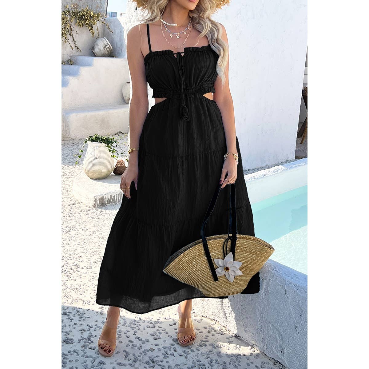 Cut Out Ruched Tiered Dress: BLACK