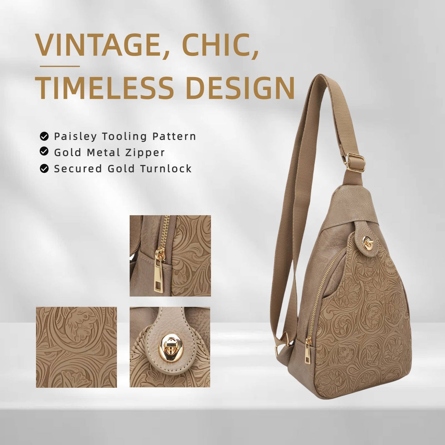 Jacqueline Paisley Tooling Embossed Sling Bag with Turnlock: Light stone