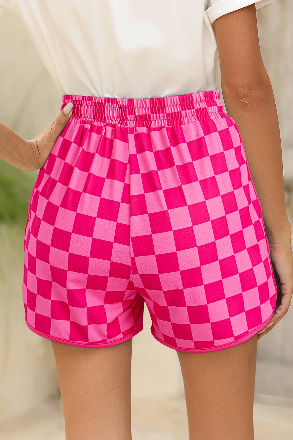 Checkered Drawstring Shorts:Pink