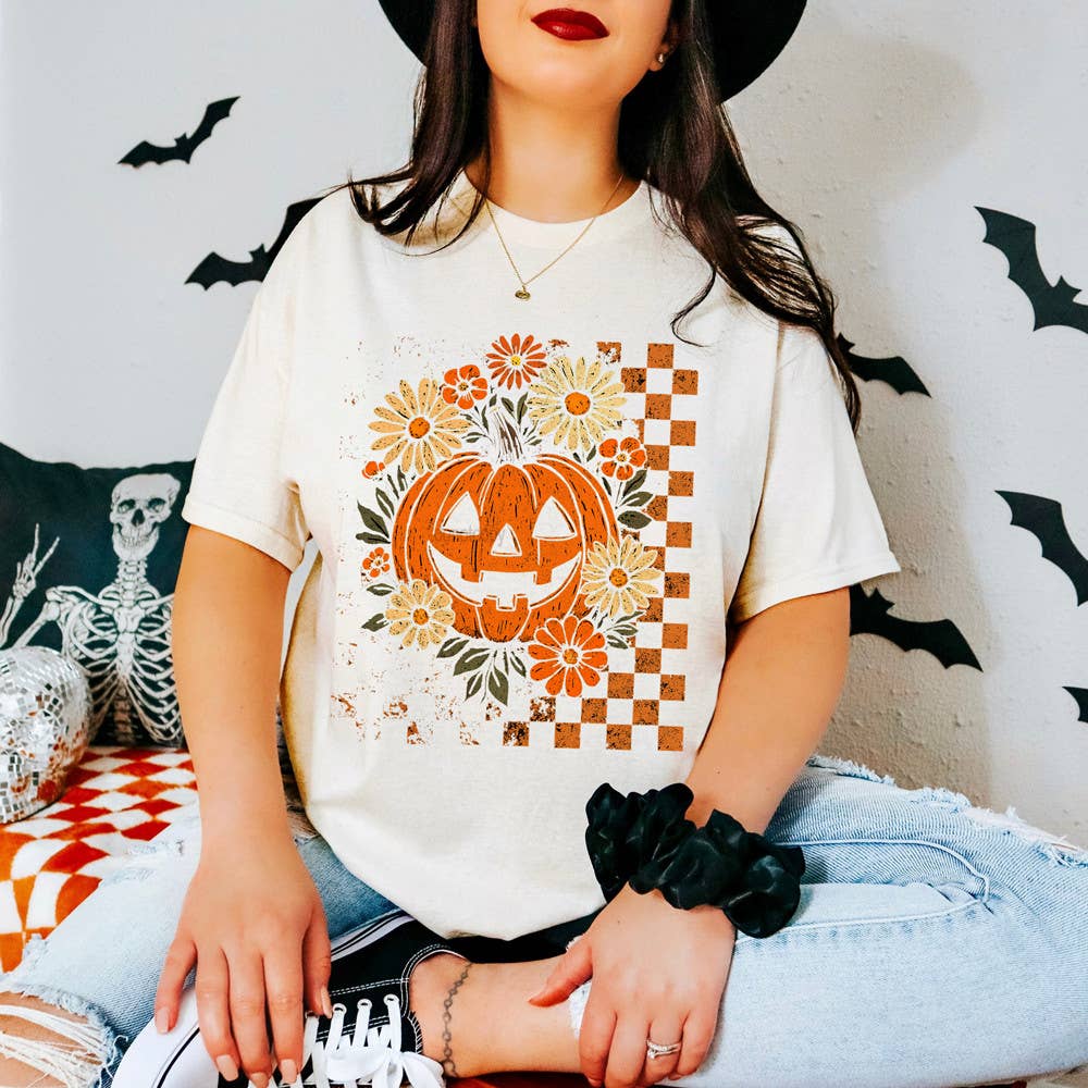 Retro Pumpkin Floral Checker