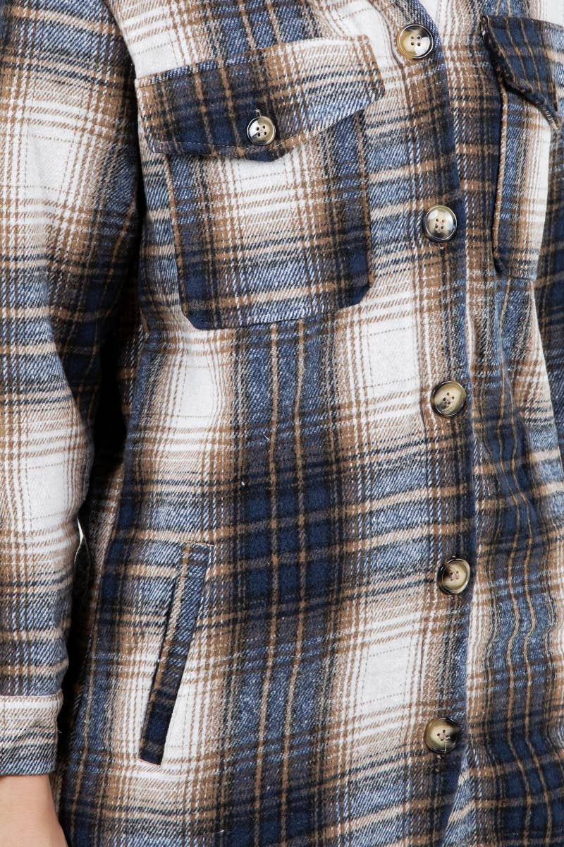 Blue and Tan checker plaid fur flannel shacket with pockets