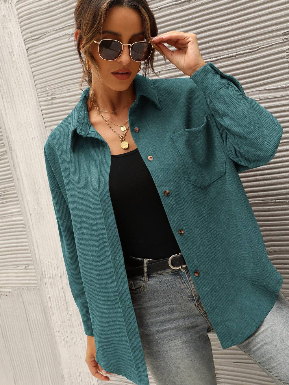 Loose Casual Corduroy Shirt: Green