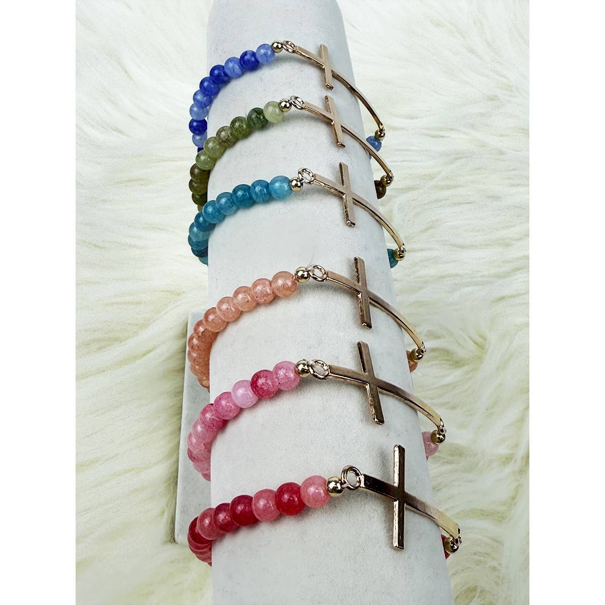 Gold Cross Multi Tone Beaded Stretch Bracelet: MIX COLOR / ONE(12)