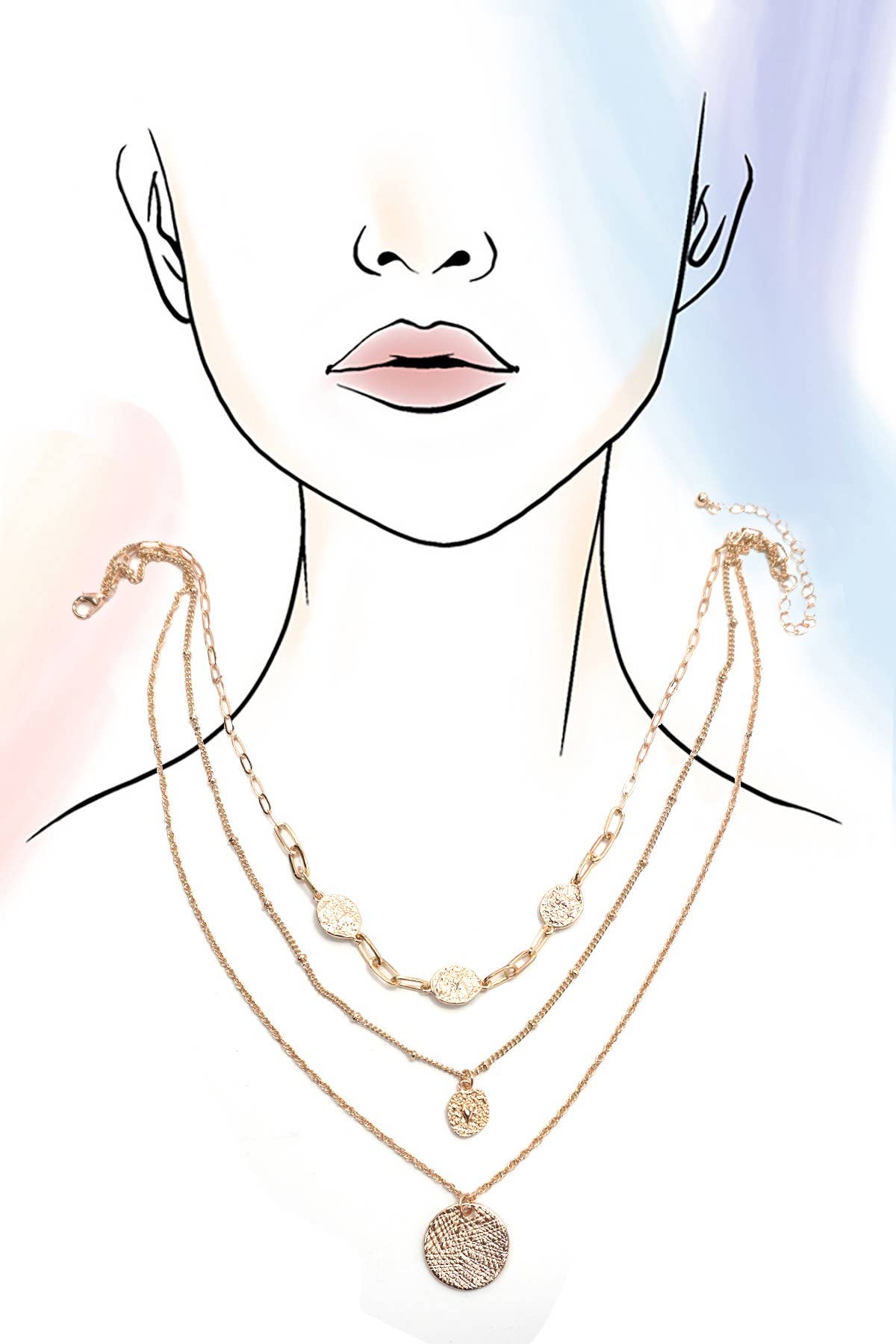 TEXTURED CIRCLE PENDANT MULTI LAYERED NECKLACE | 80N1314: Gold