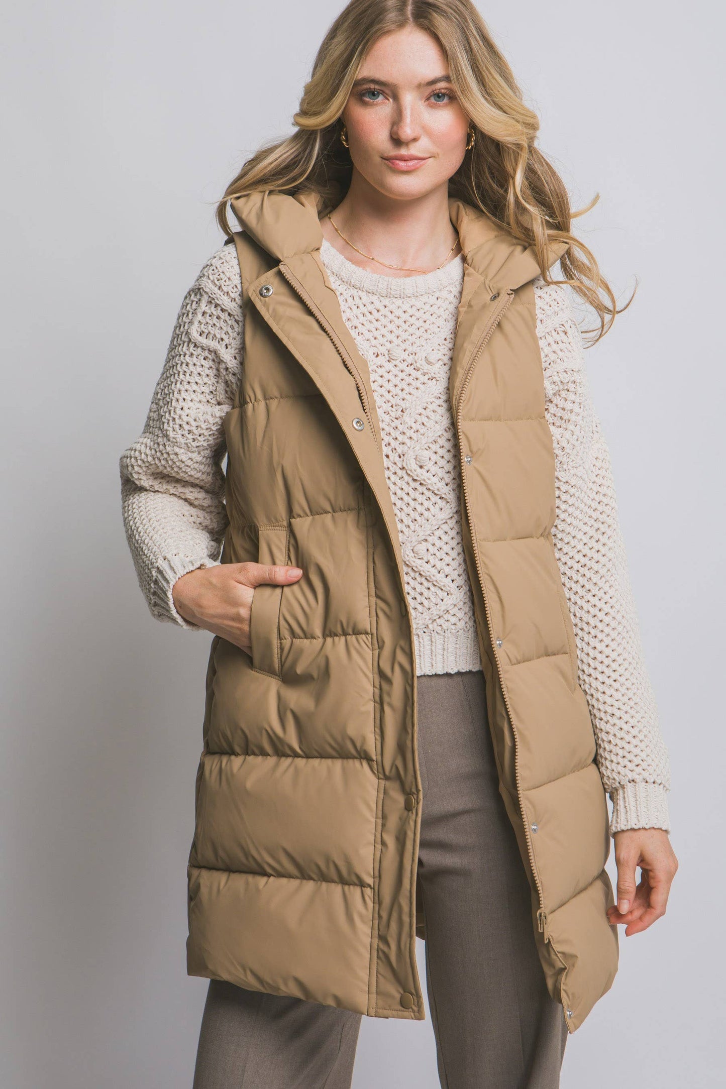Hooded Long Quilted Puffer Vest:Camel