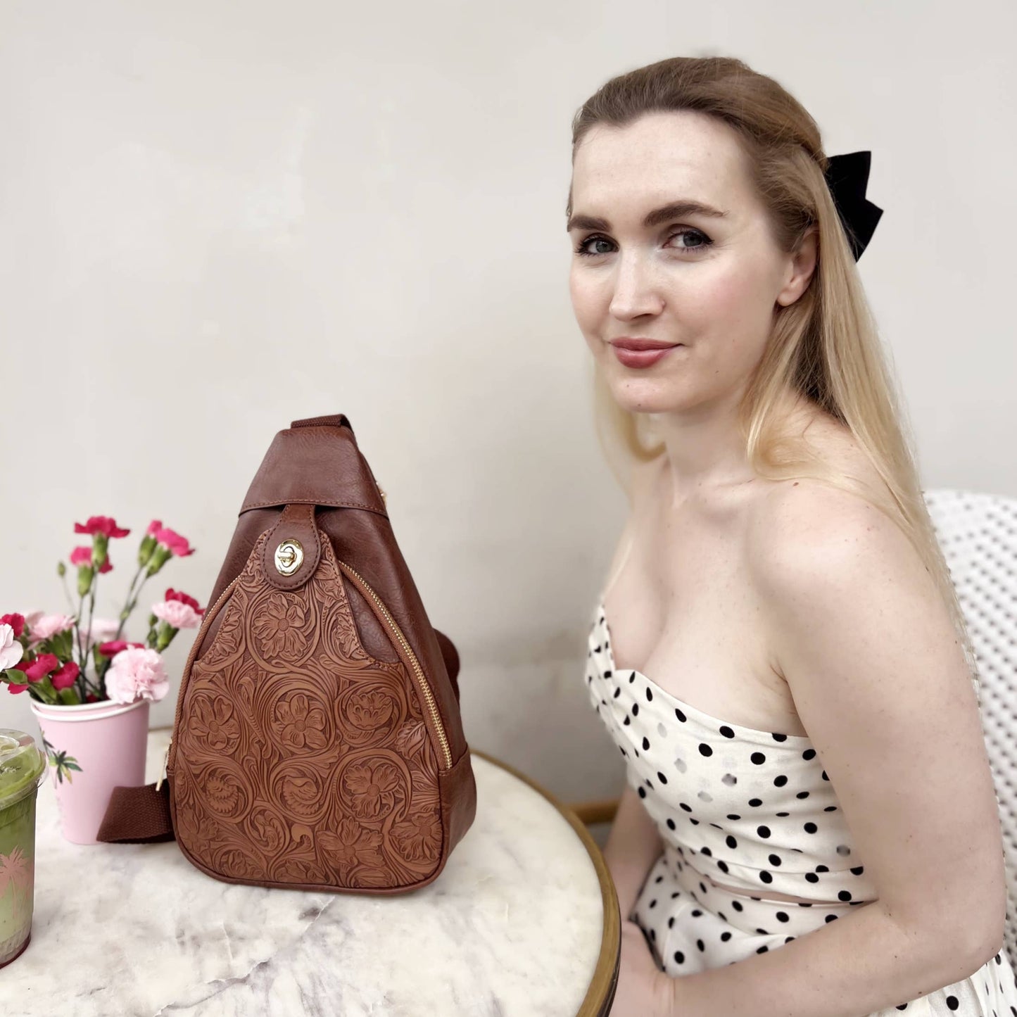 Jacqueline Paisley Tooling Embossed Sling Bag with Turnlock: Brown