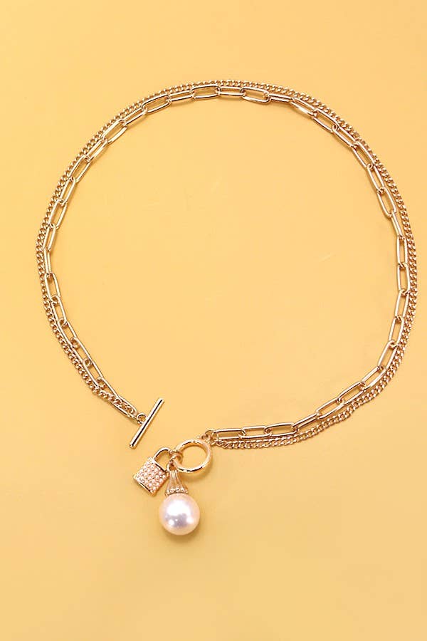 PEARL LOCK CHARM DOUBLE LAYER TOGGLE NECKLACE | 31N24104: Gold