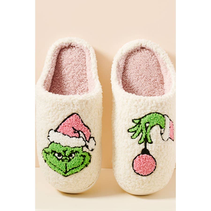 Christmas Green Monster Fuzzy Fleece Soft Slipper : IVORY