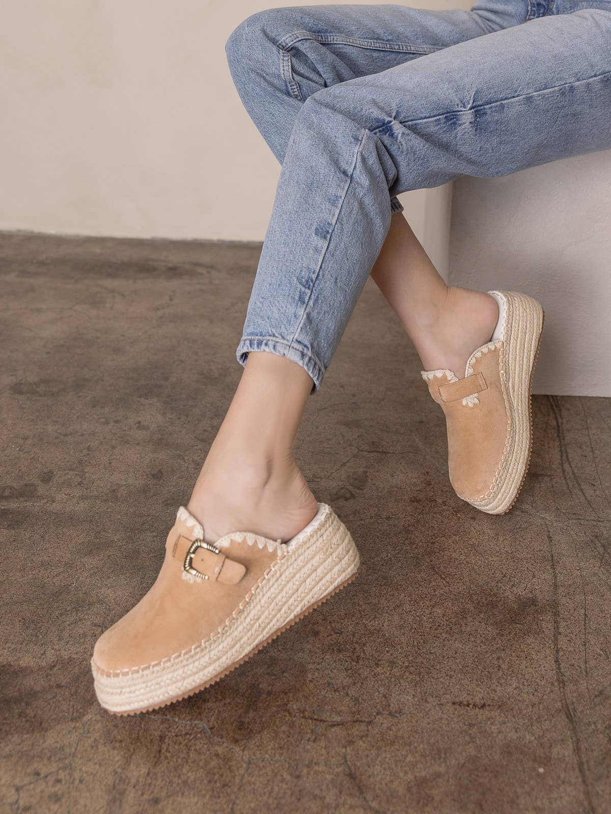 The Edith | Almond Clog Raffia Mule with Western Buckles: ALMOND