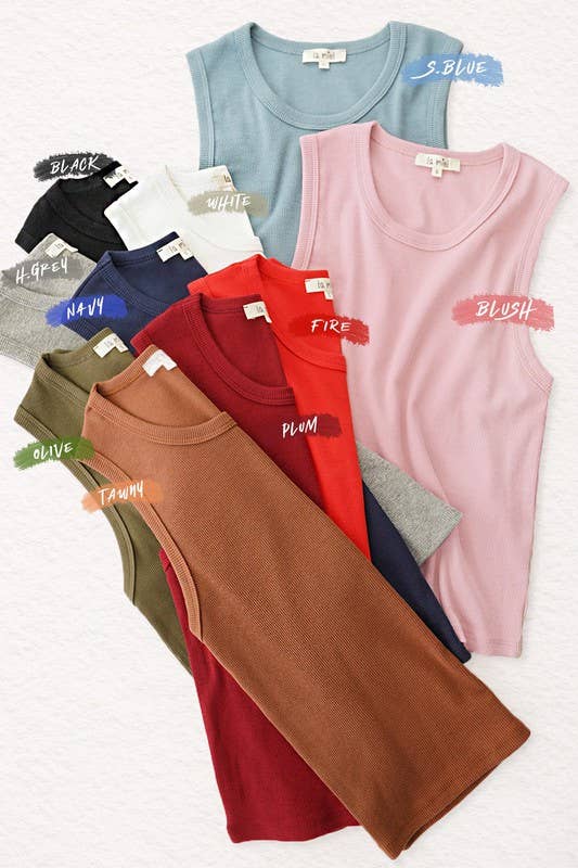 Stretchy Basic Ribbed Sleeveless Crew Neck Top: Blush