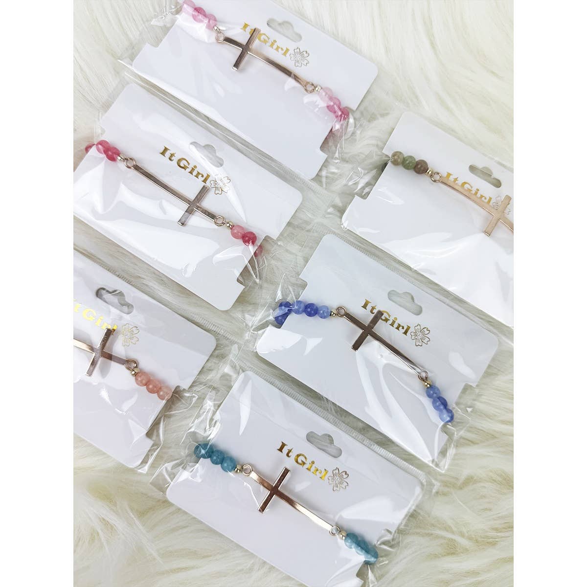 Gold Cross Multi Tone Beaded Stretch Bracelet: MIX COLOR / ONE(12)