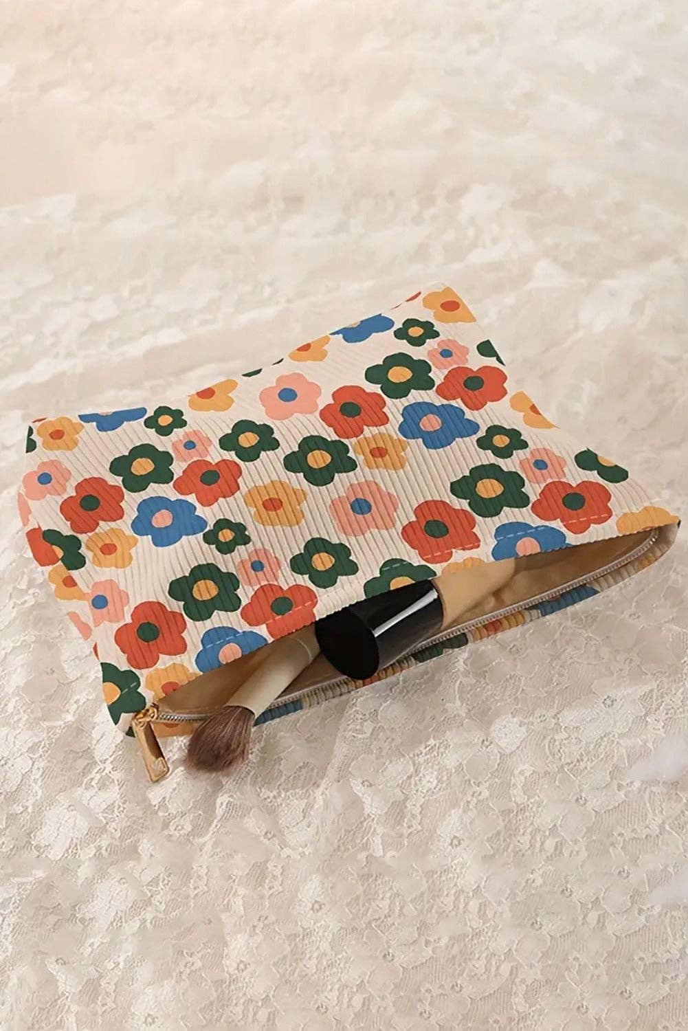 Flower Printed Rib Textured Cosmetic Bag