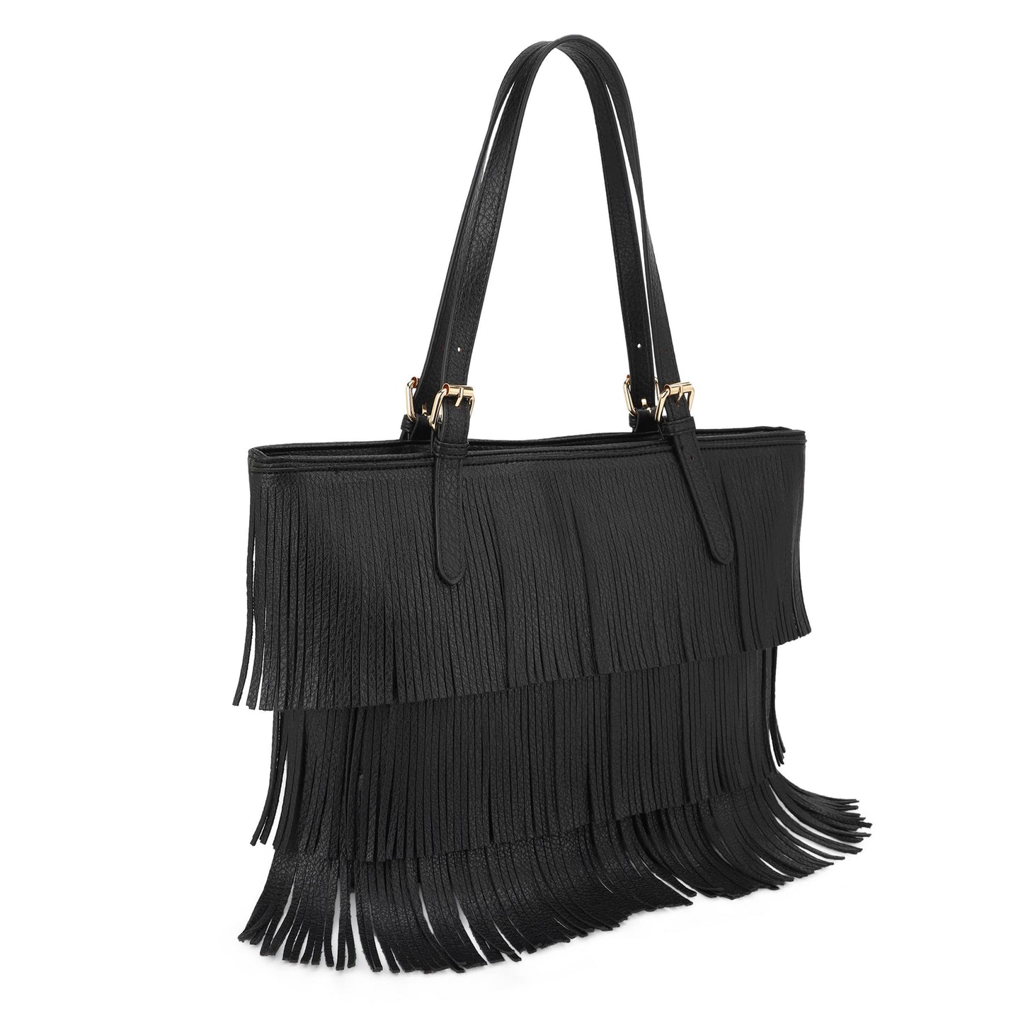 Connie Fringe Tote Bag, Bohemian Western Style Casual Tote: Black
