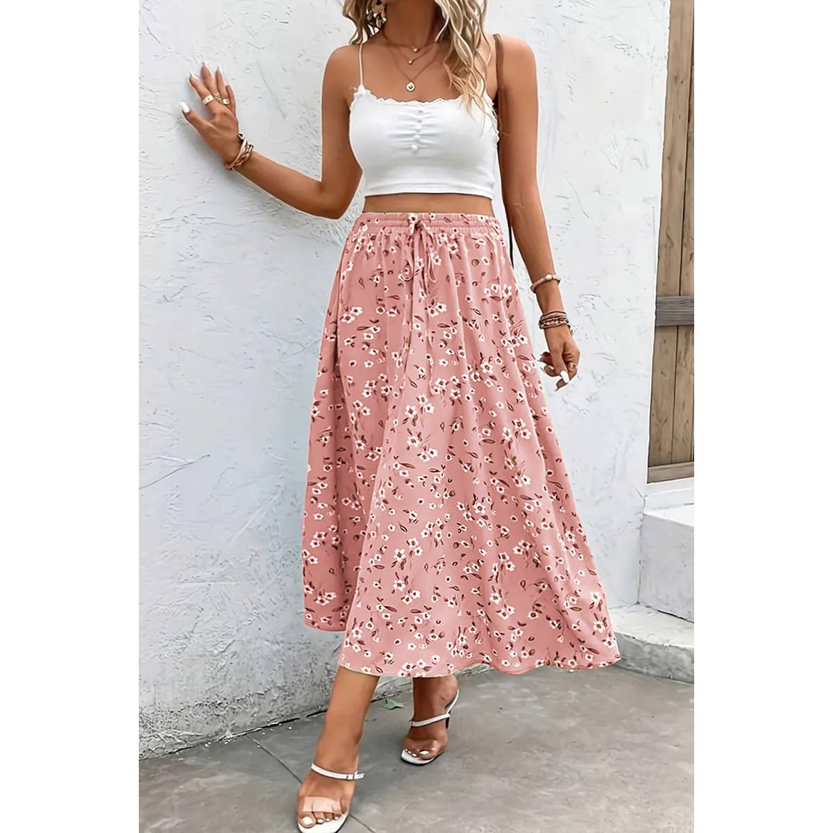 Floral Print Drawstring Waist Skirt: PINK