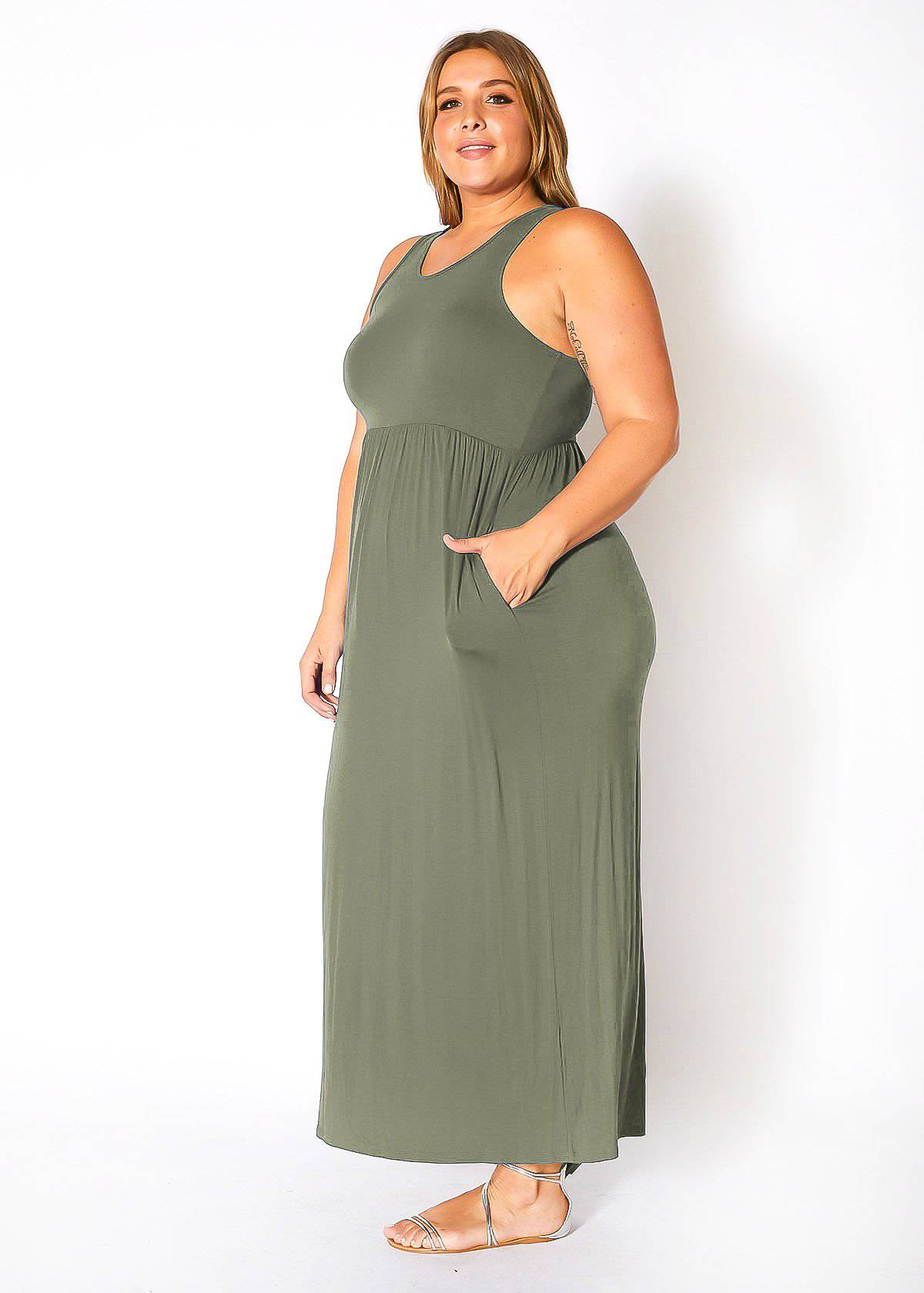 Bellatrix Plus Size Women's Sleeveless Pleated Maxi Dress: Olive
