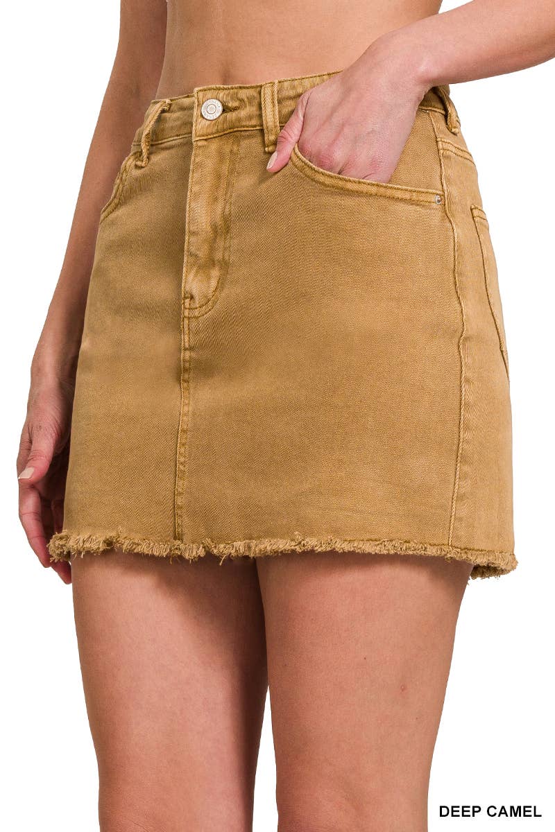 Acid Wash Frayed Hem Denim Skirt: DEEP CAMEL