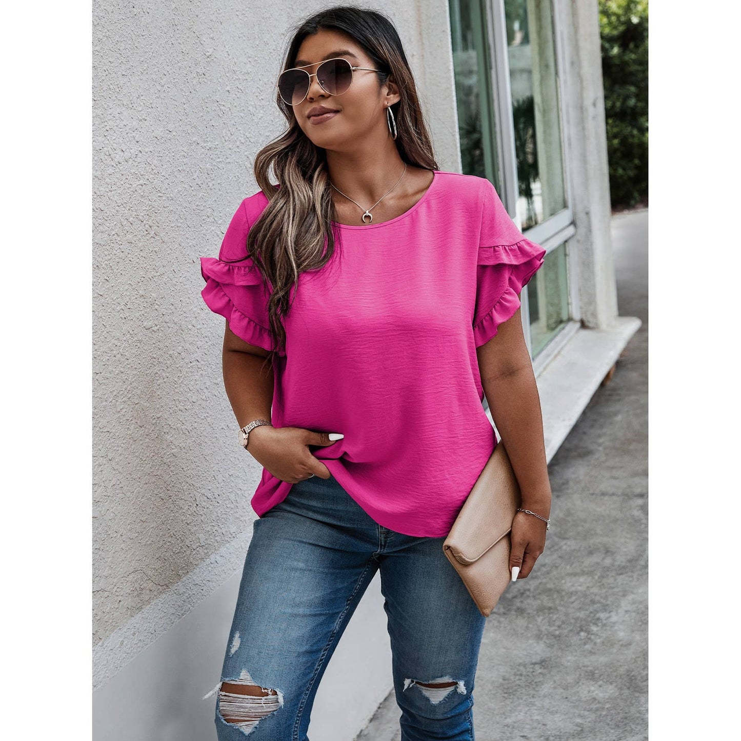 Round Neck Ruffle Solid Loose Shirt: FUCHSIA