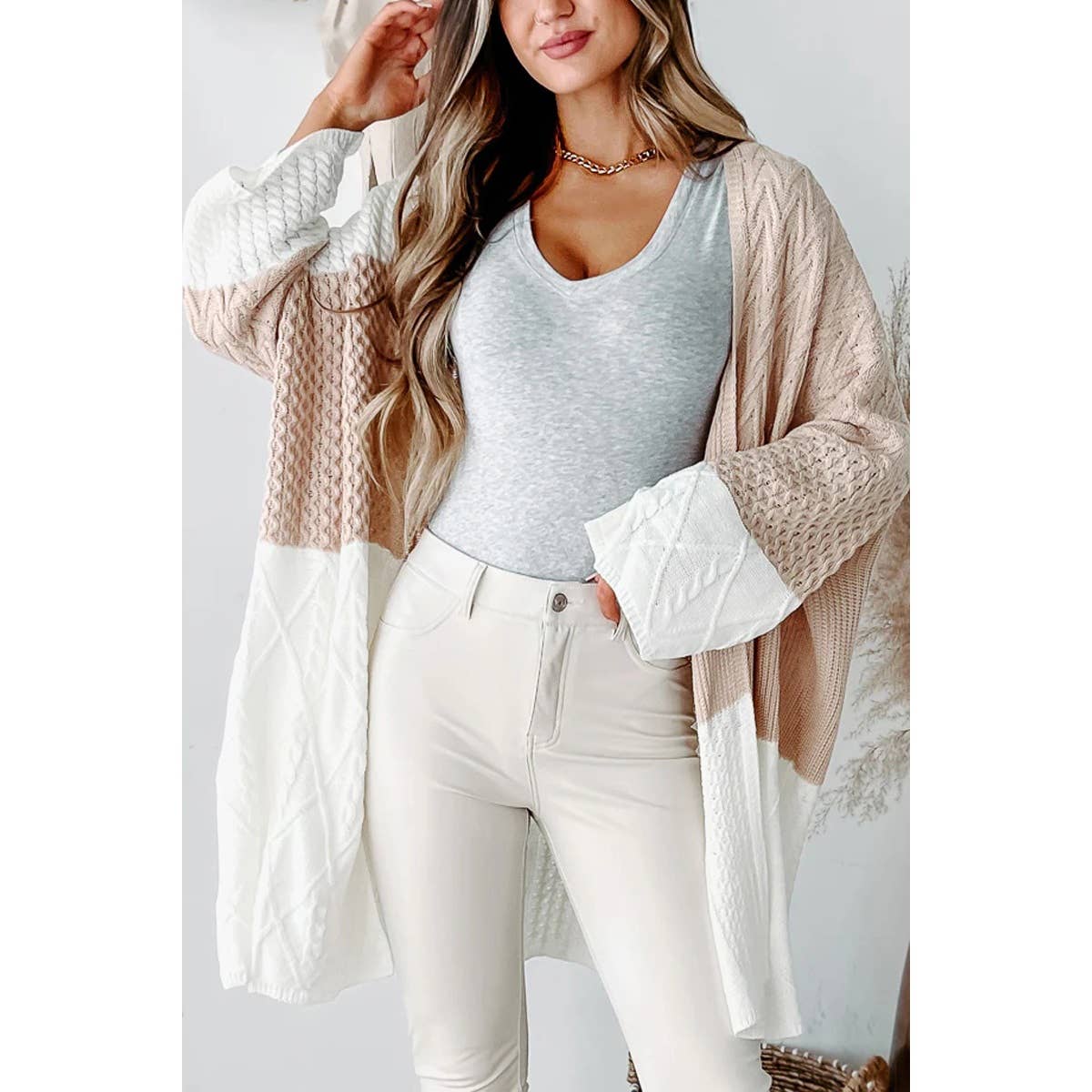 Color Block Knit Bell Sleeve Loose Cardigan