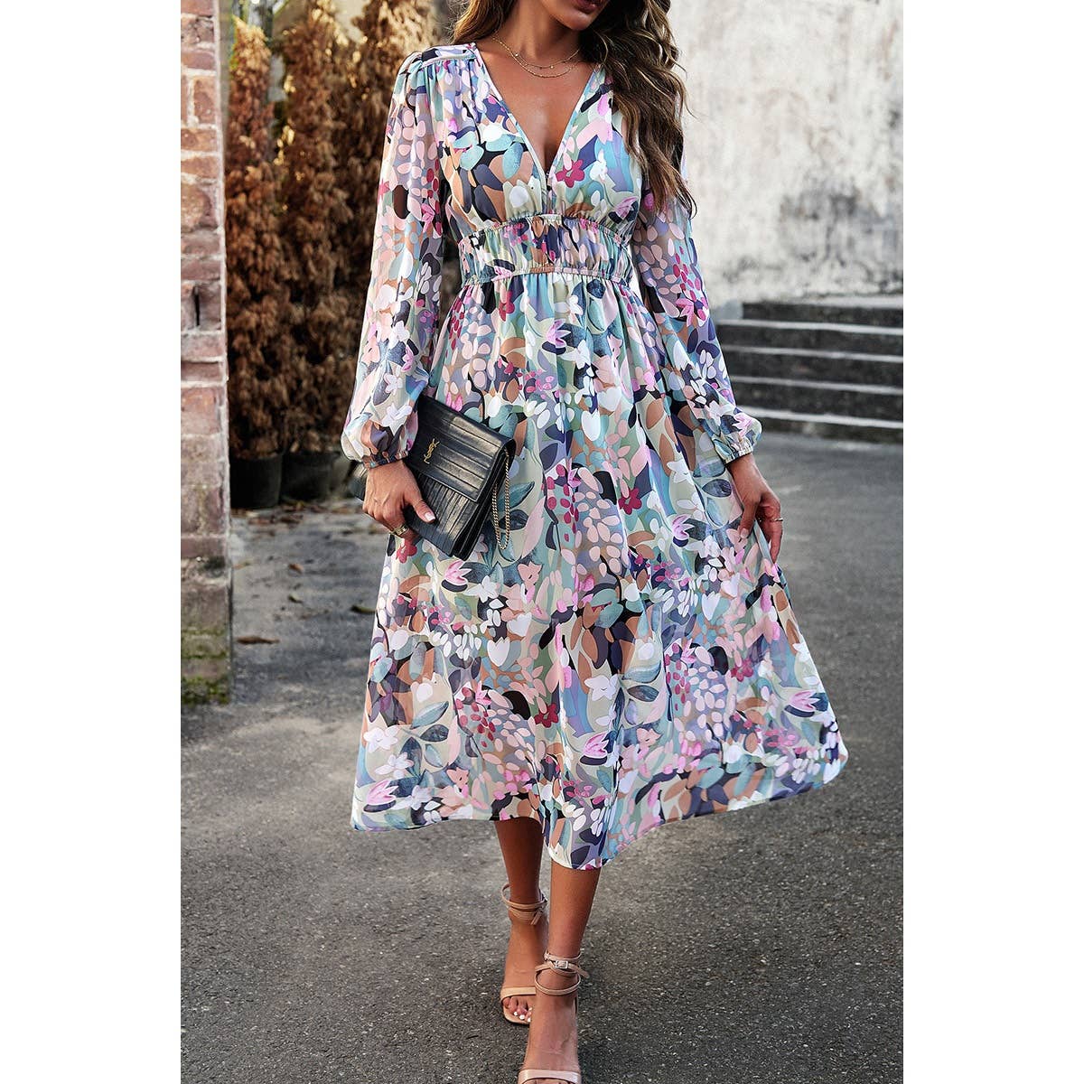 Boho High Waist Long Sleeve Dress: GREEN