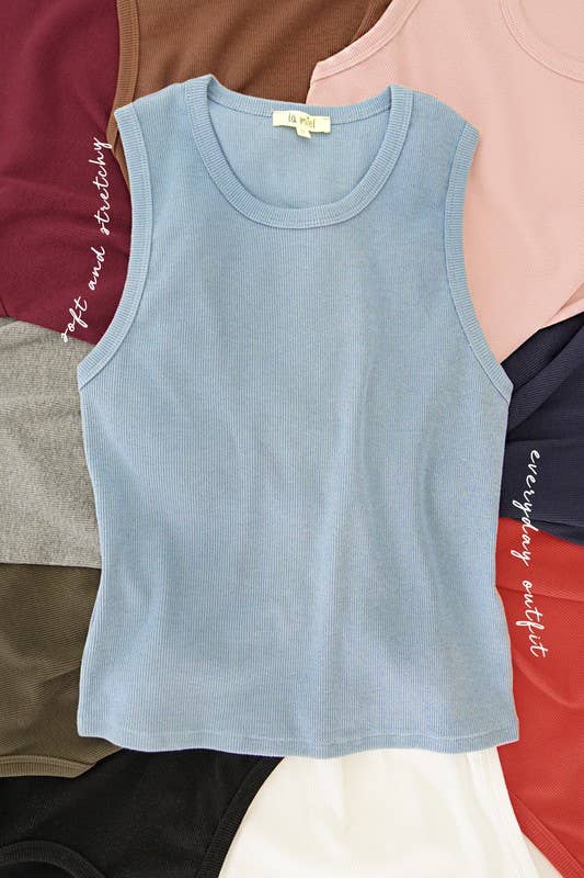 Stretchy Basic Ribbed Sleeveless Crew Neck Top: Steel Blue