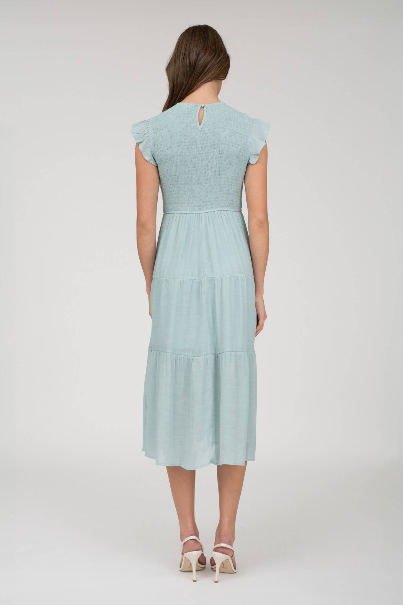 SMOCKED TIERED MIDI DRESS: LIGHT SAGE