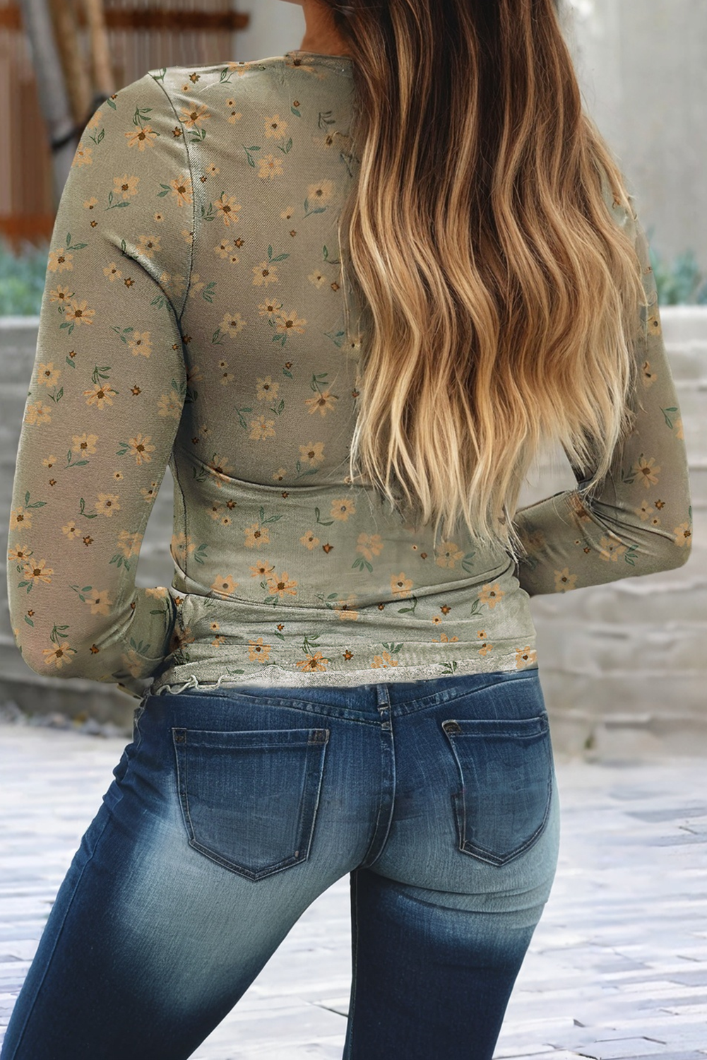 Vintage Floral Print Mesh Long Sleeve Top