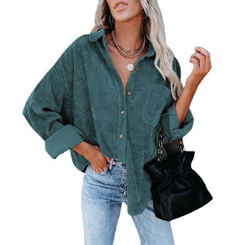 Loose Casual Corduroy Shirt: Green