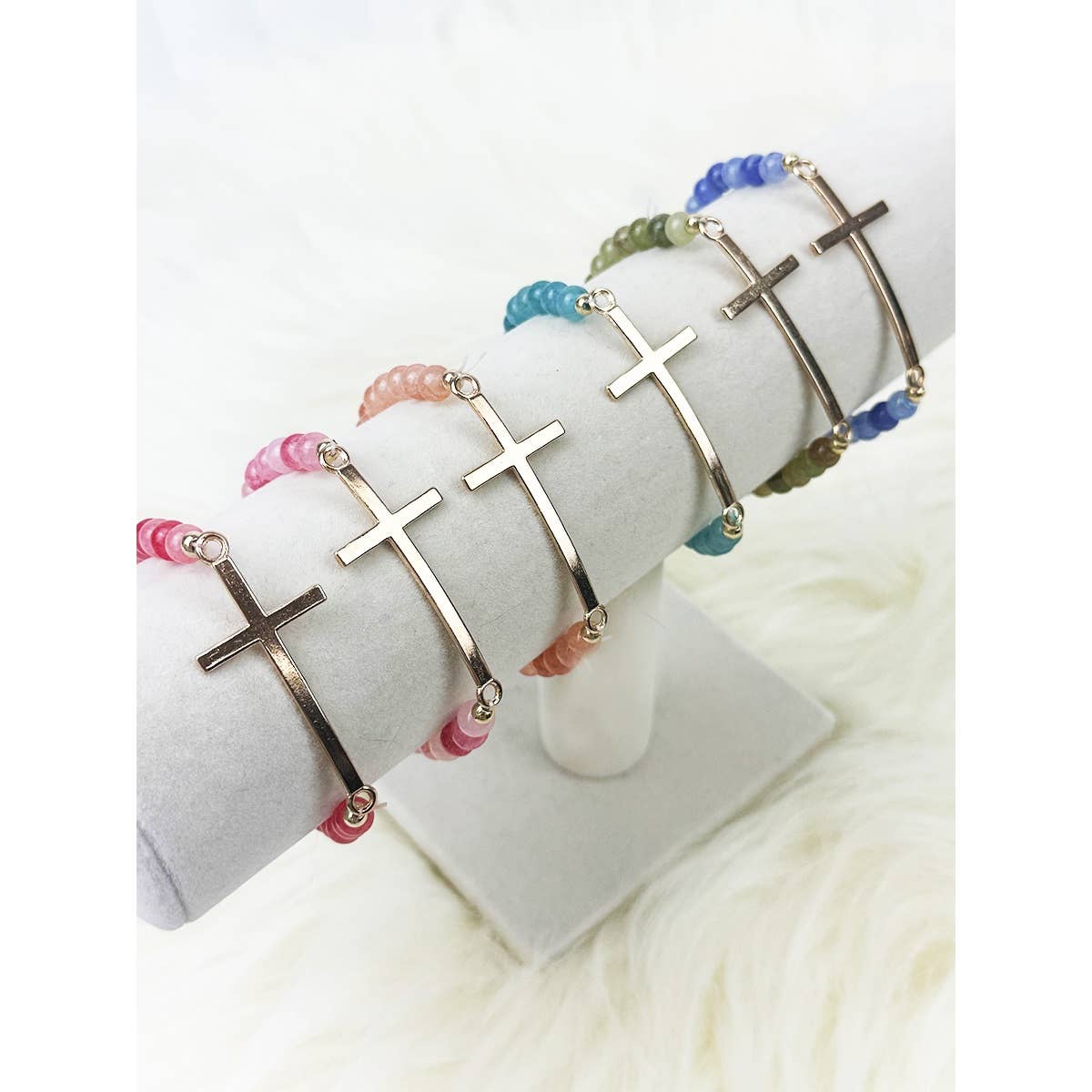 Gold Cross Multi Tone Beaded Stretch Bracelet: MIX COLOR / ONE(12)