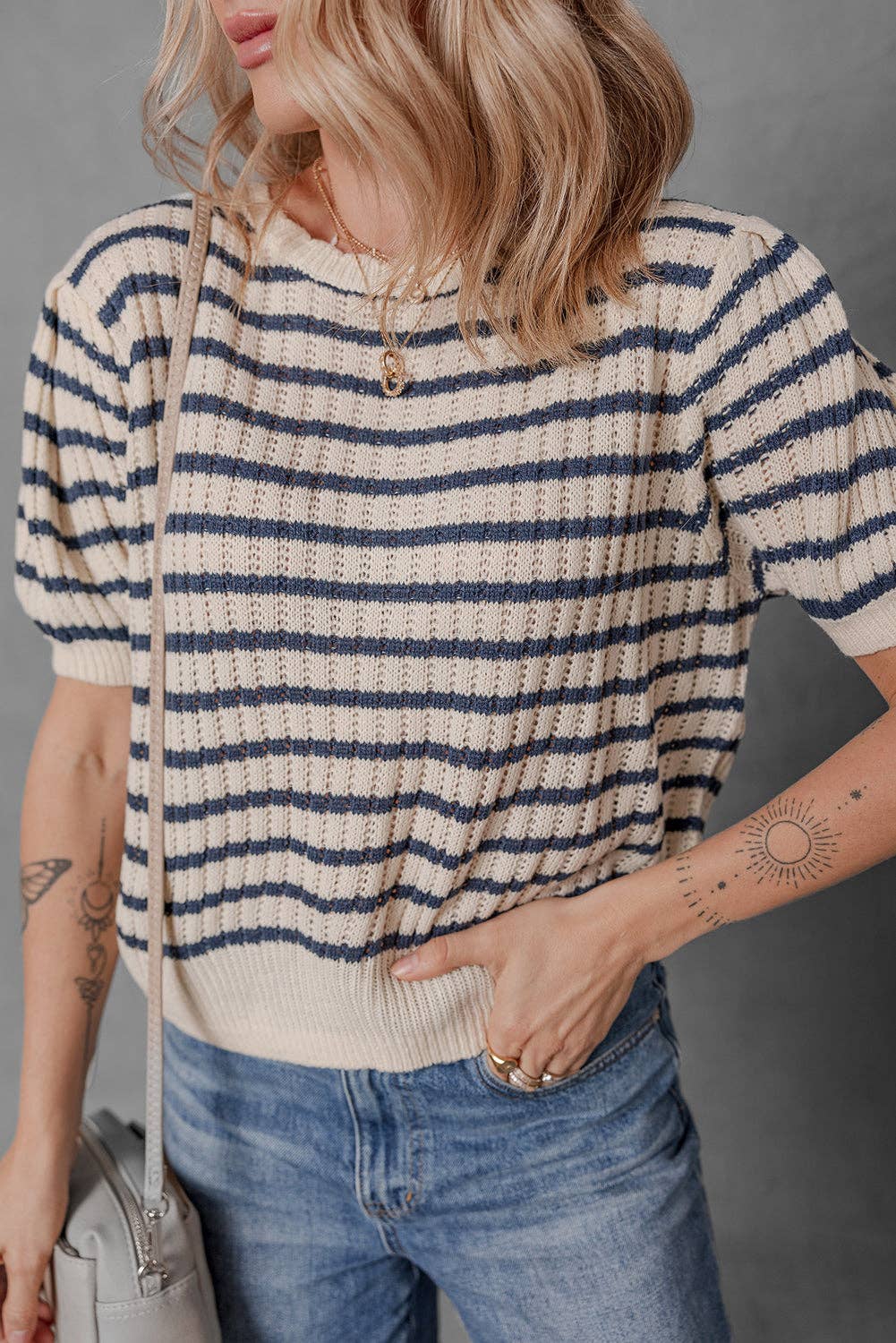 Crew Neck Short Puff Sleeve Sweater: blue