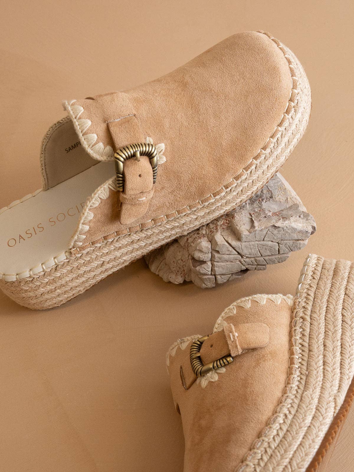 The Edith | Almond Clog Raffia Mule with Western Buckles: ALMOND